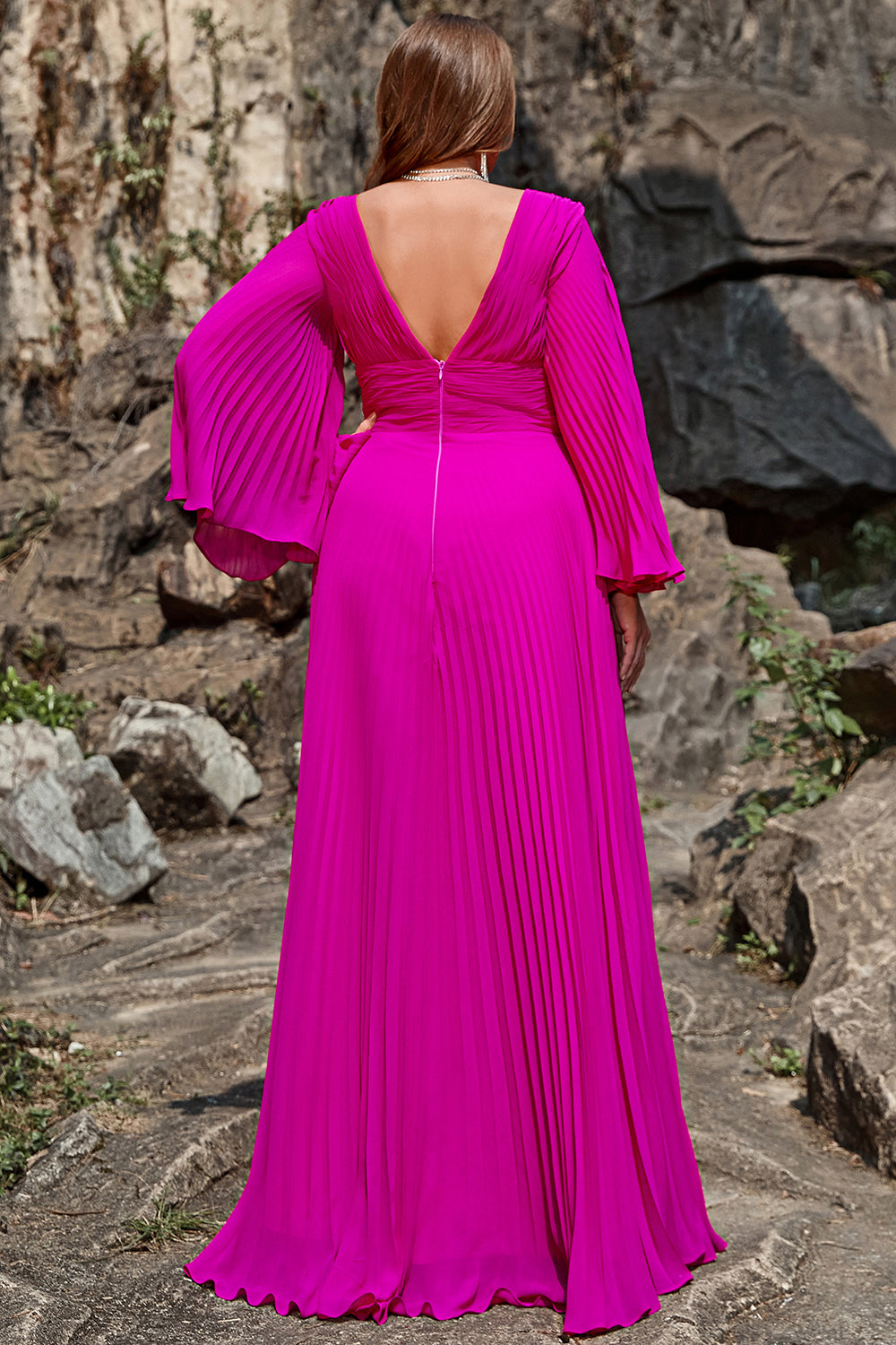 A Line Deep V Neck Dark Fuchsia Plus Size Prom Dress with Long Sleeves