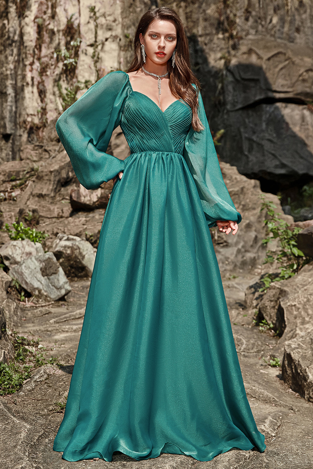 A Line Sweetheart Dark Green Long Prom Dress with Long Sleeves