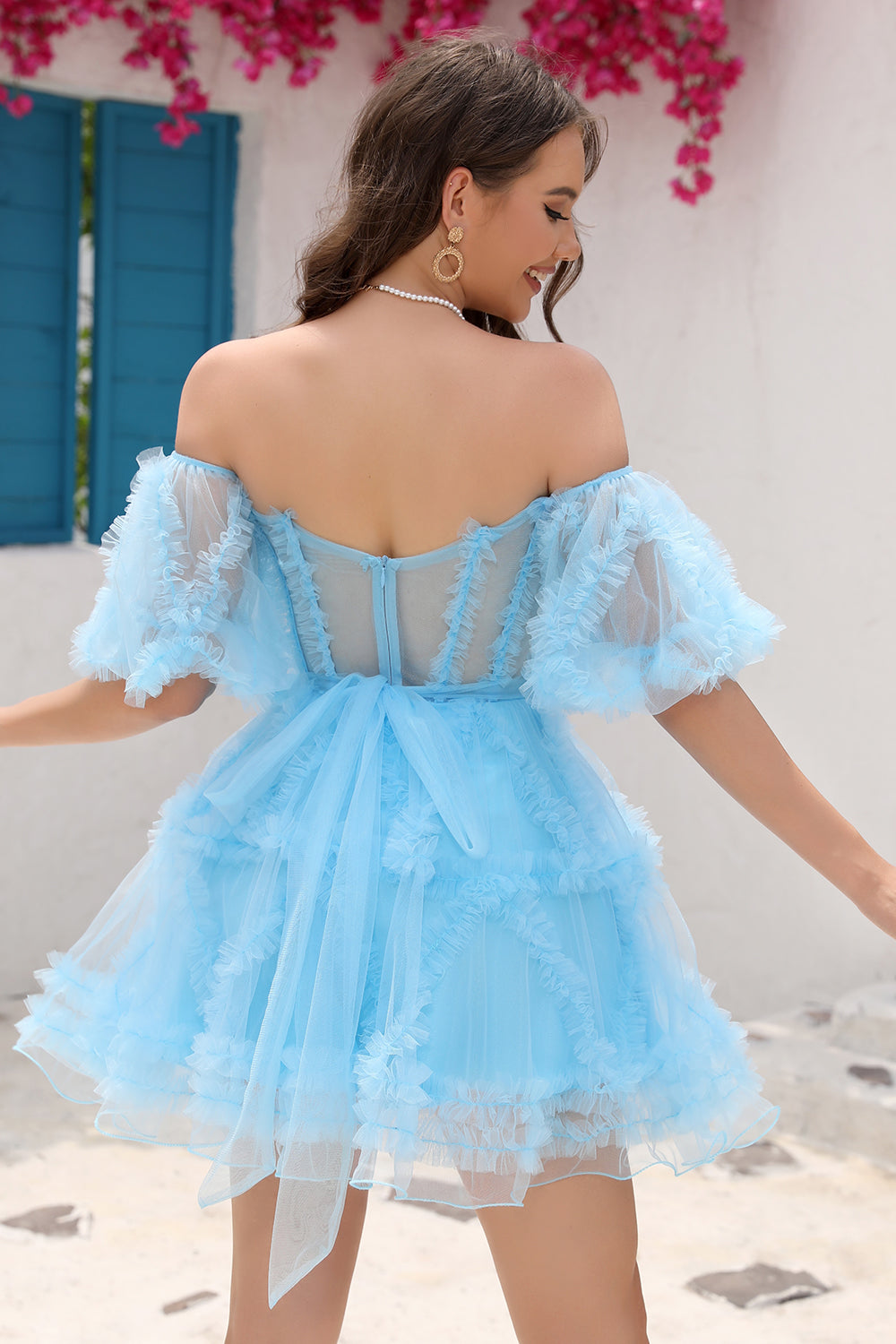 Stylish A Line Off the Shoulder Fuchsia Tulle Corset Homecoming Dress