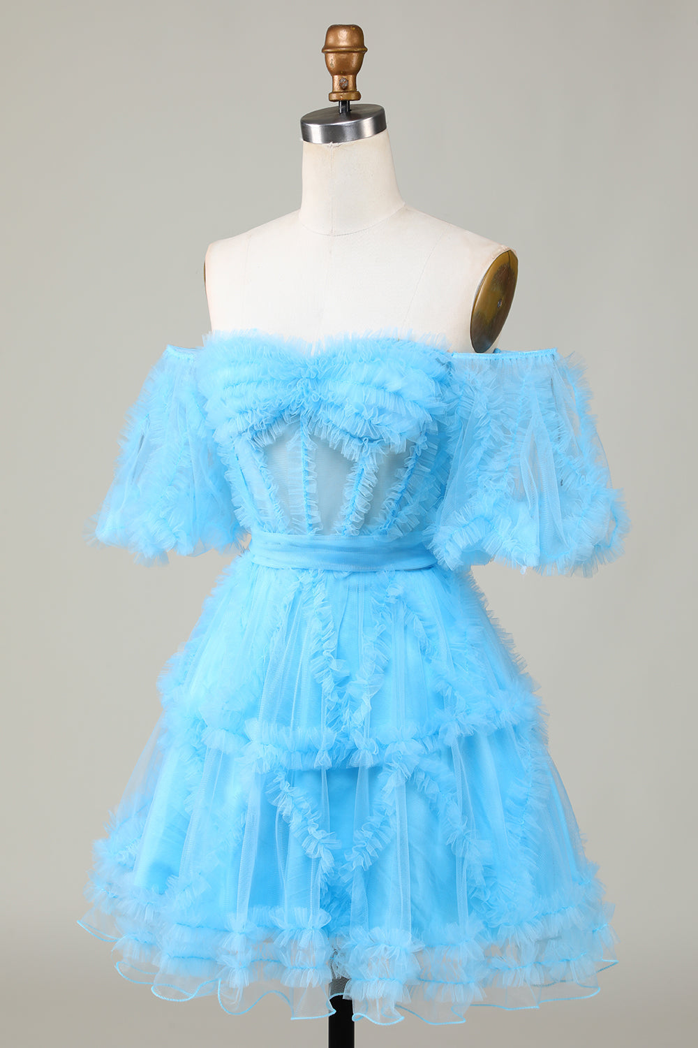 Cute A line Blue Tulle Off The Shoulder Short Homecoming Dress