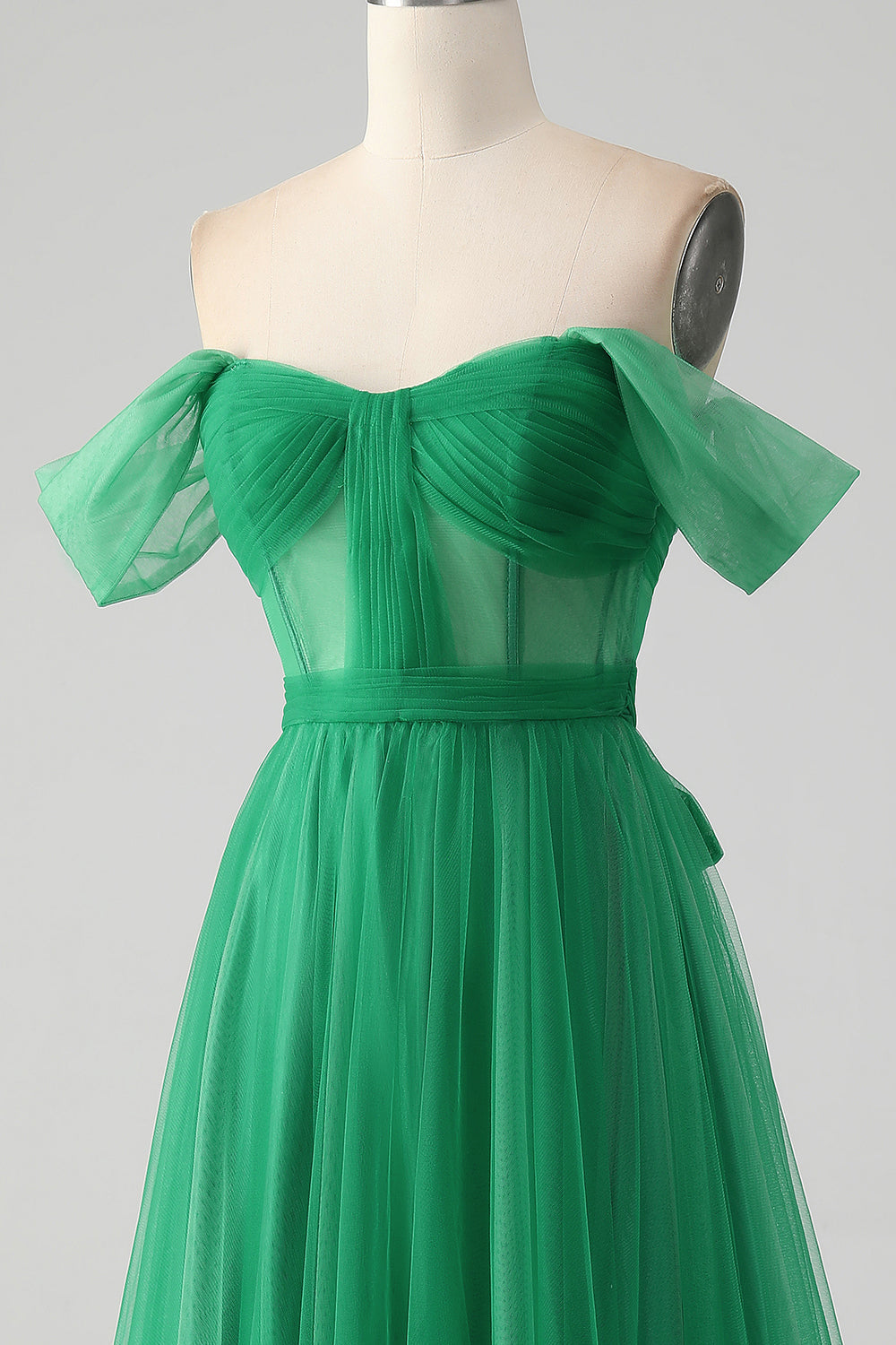 Dark Green A Line Off The Shoulder Corset Long Prom Dress