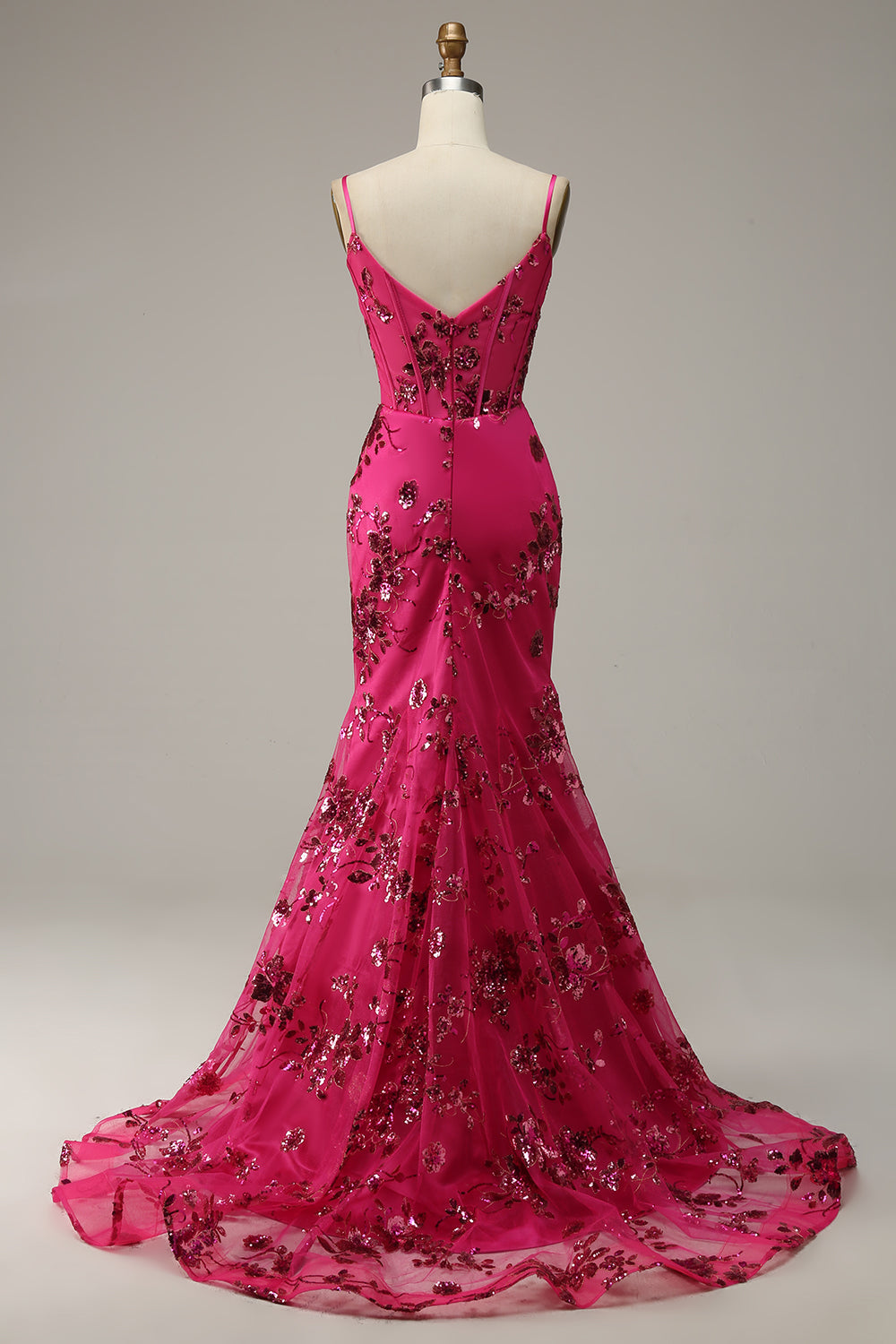 Hot Pink Sequins Print Mermaid Prom Dress