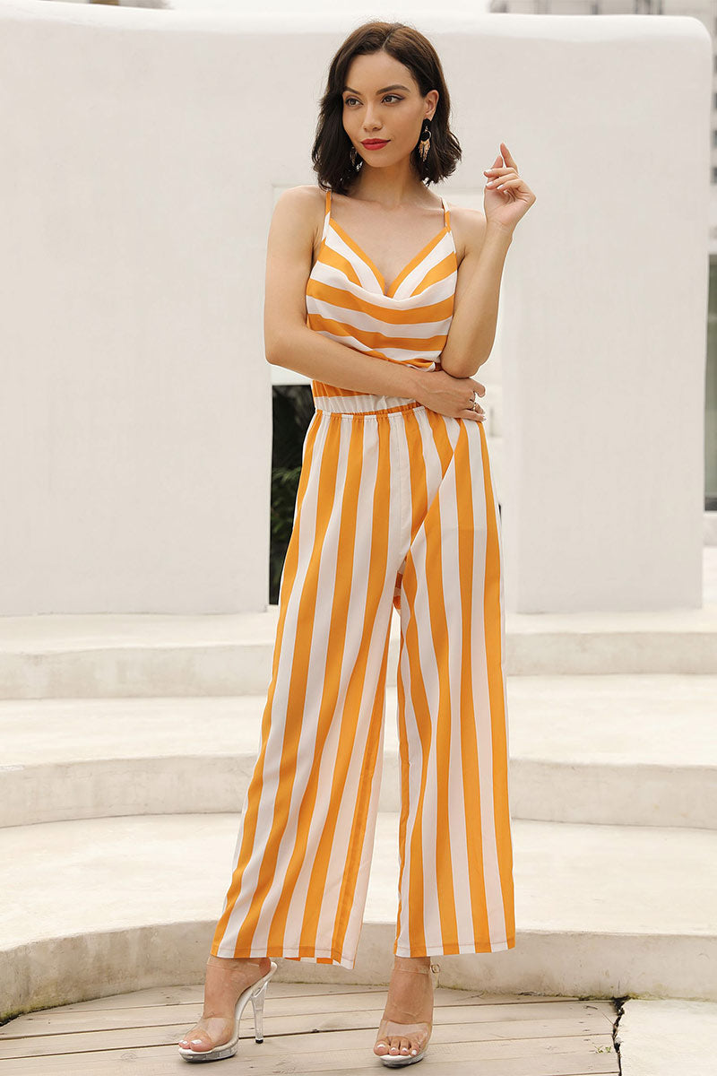 Yellow Crisscross Spaghetti Straps Striped Jumpsuit