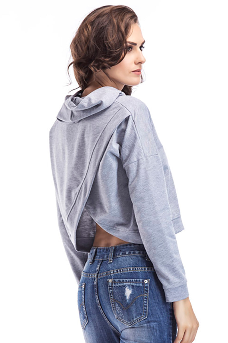 Gray Drawstring Slit Back Crop Sweatshirt