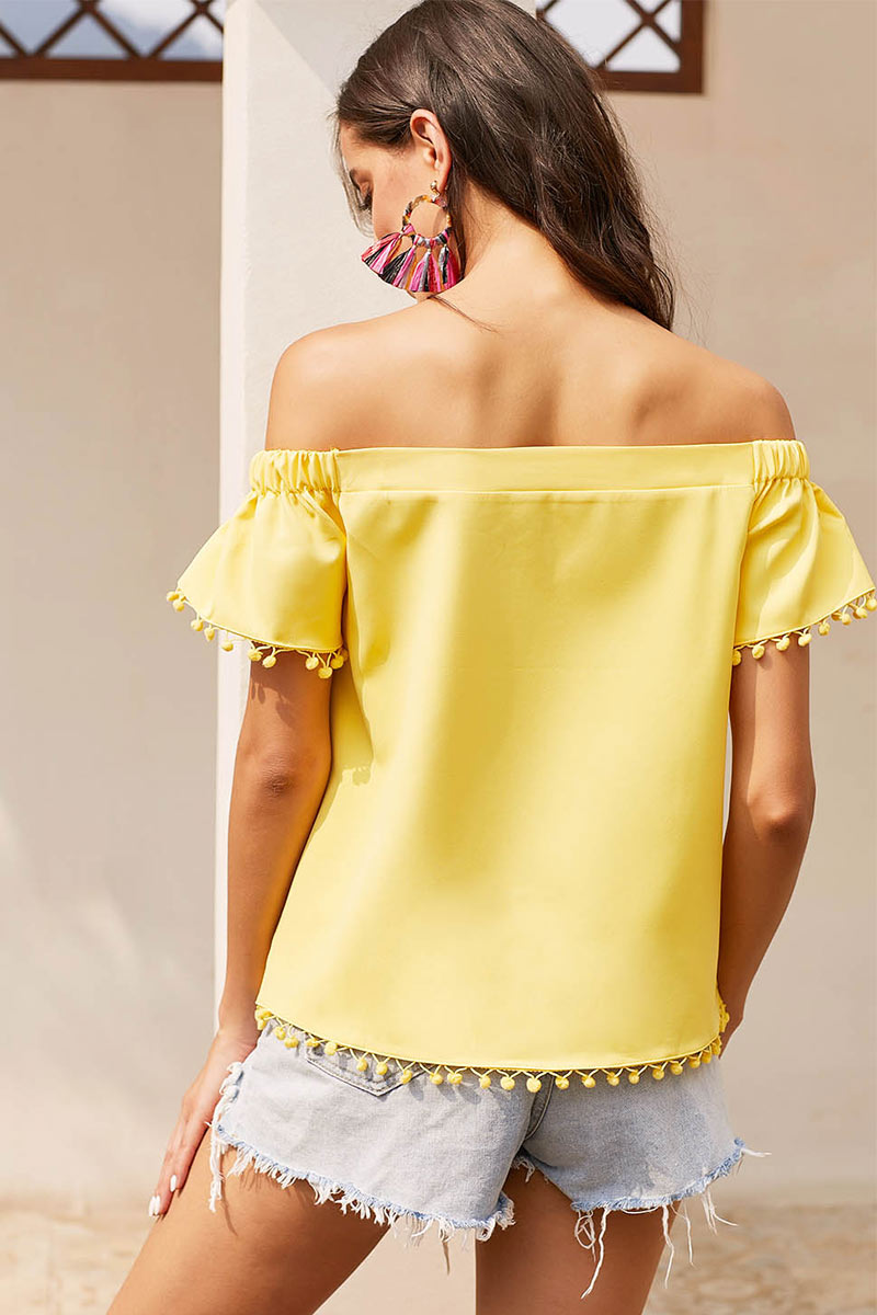 Yellow Off-the-shoulder Fringed Hem Blouse