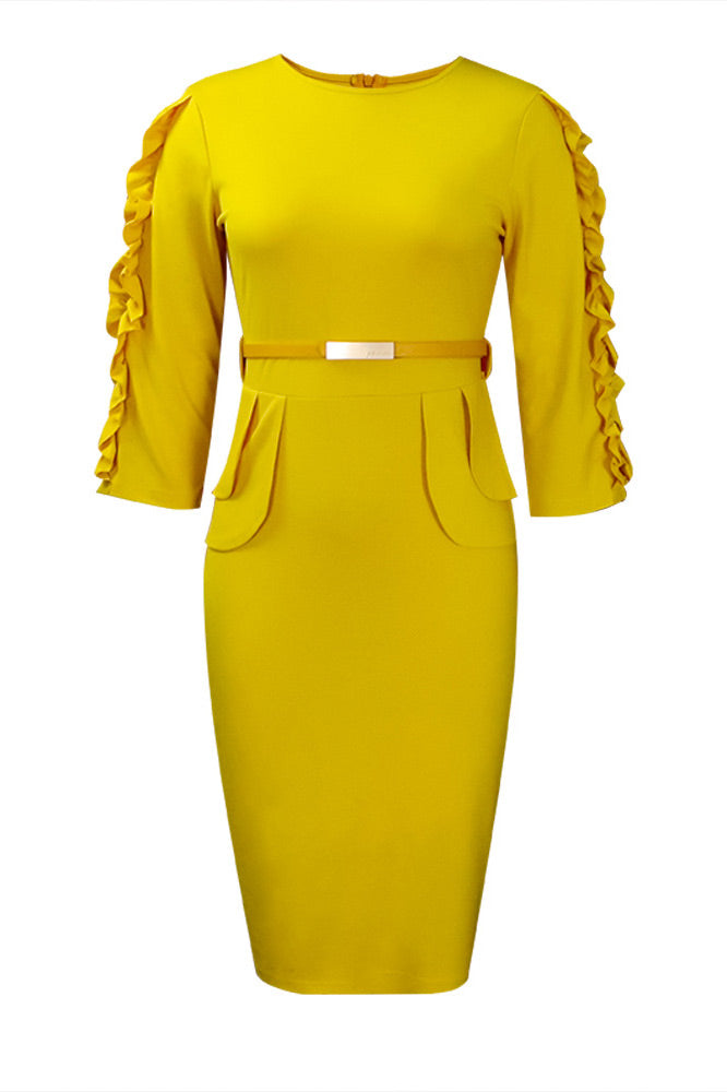 Yellow Half Sleeves Bodycon Midi Office Dress