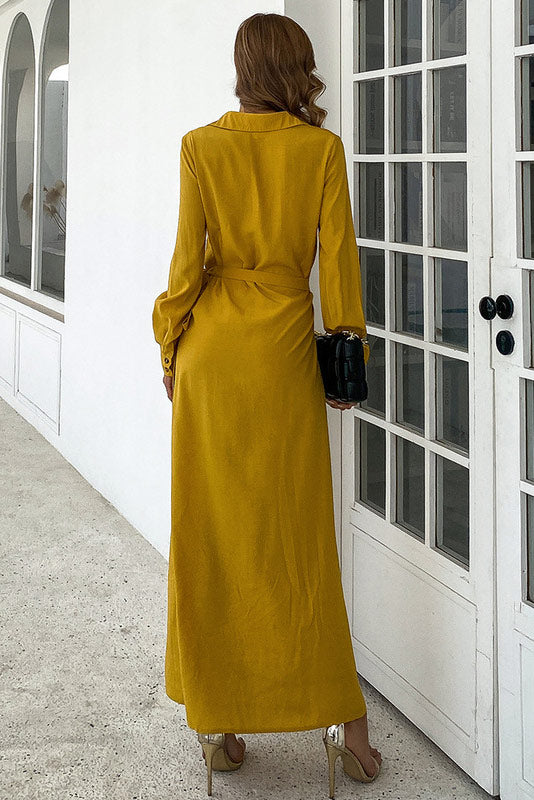 Yellow Long Sleeve V-Neck Evening Party Dress