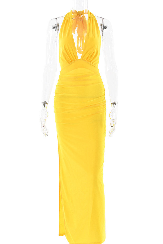 Yellow Open Back Halter Evening Gown Prom Dress