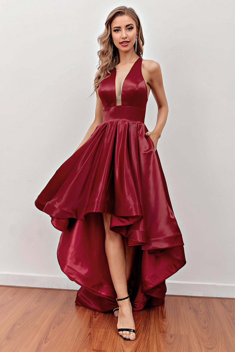 Burgundy High Low Prom Dress with Pockets