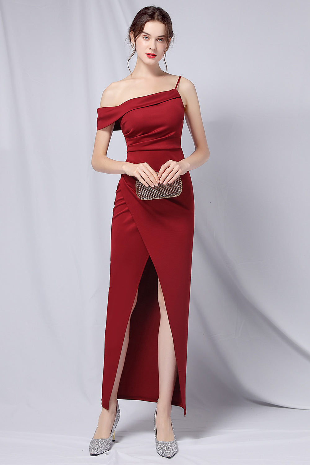 Burgundy One Shoulder Prom Dress with Slit