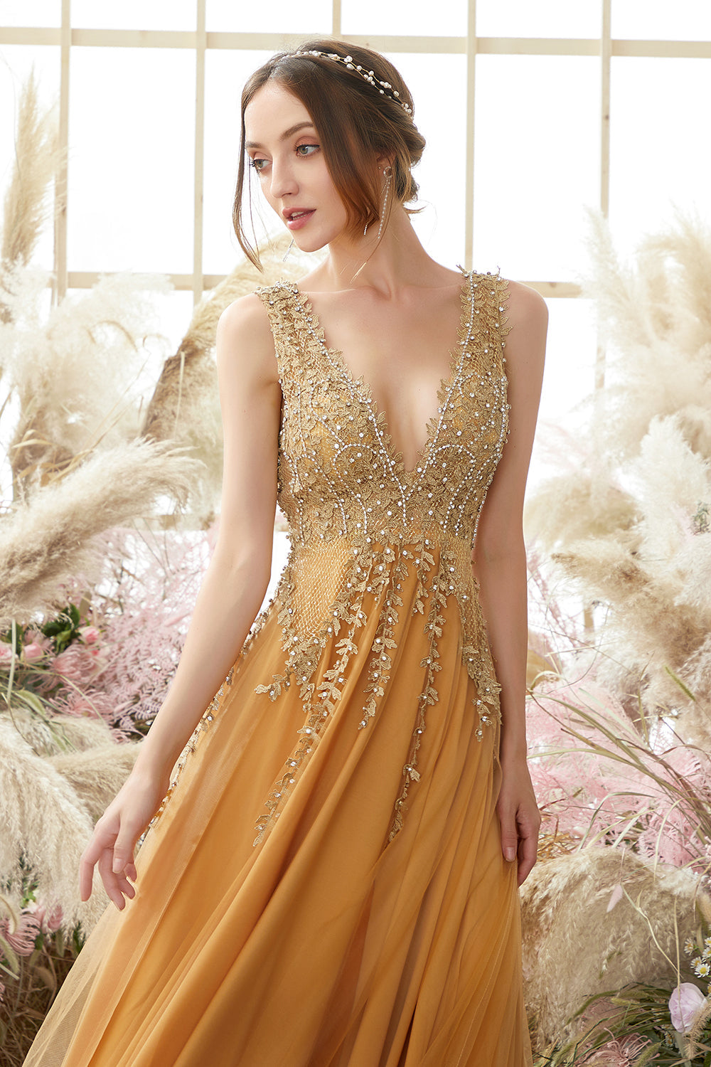 Deep V-neck Long Prom Dress with Appliques