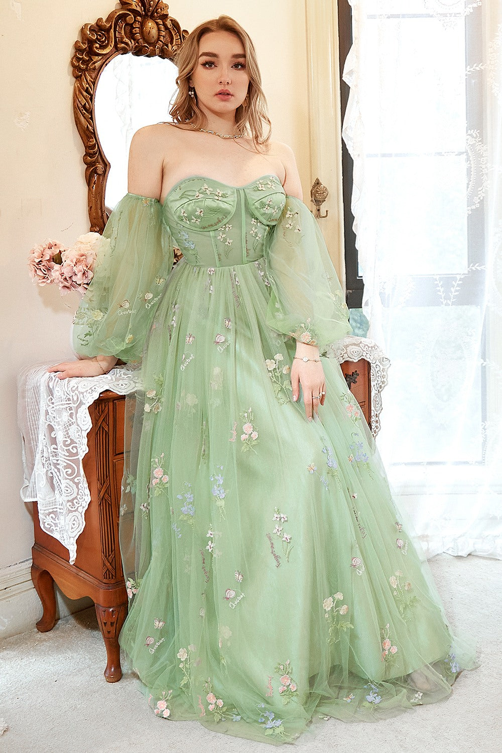 A Line Off the Shoulder Green Plus Size Prom Dress with Embroidery