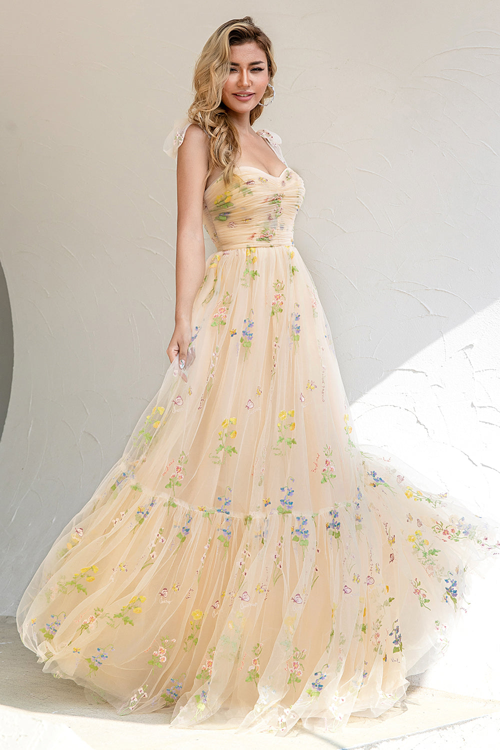 A Line Spaghetti Straps Champagne Prom Dress with Appliques