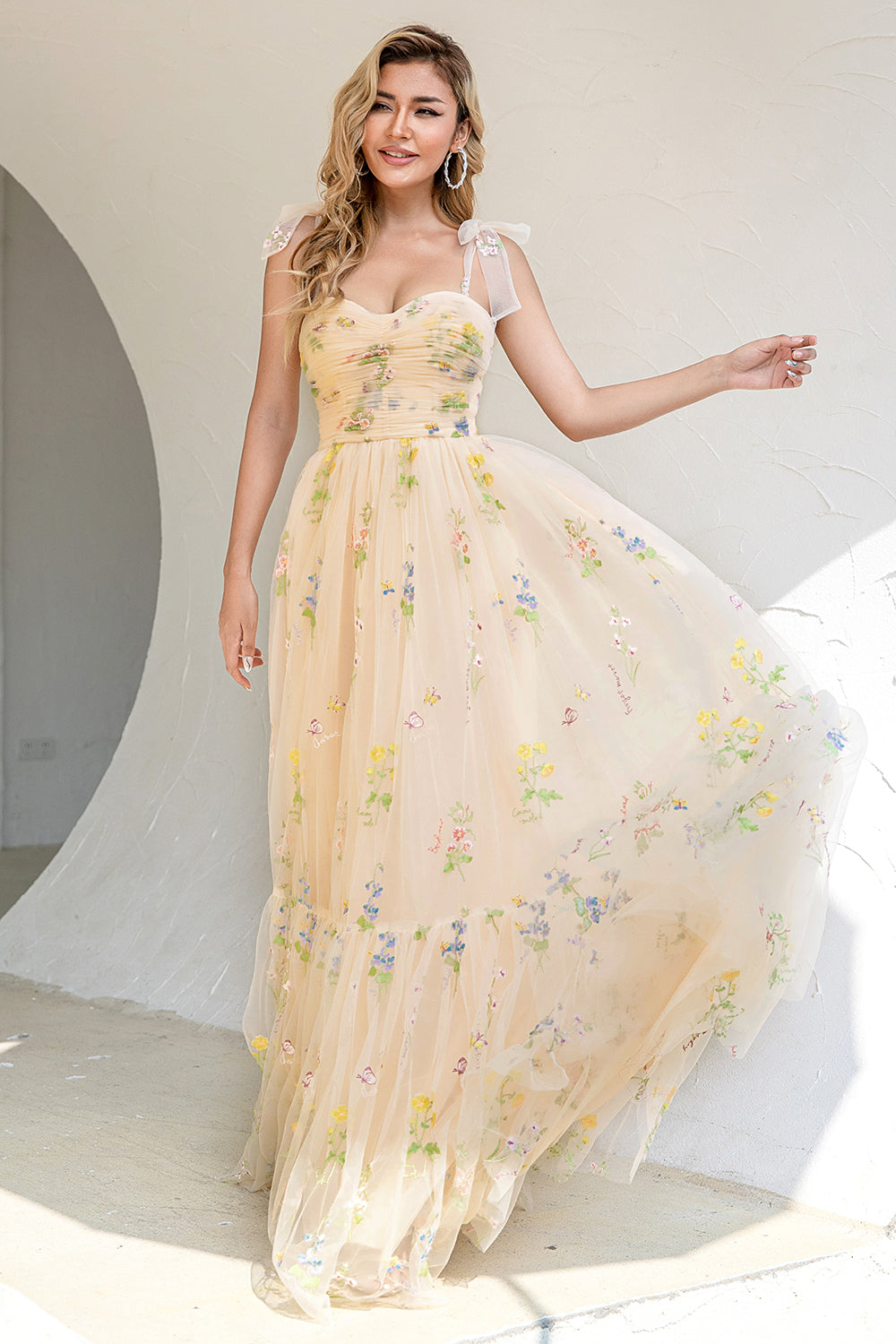 A Line Spaghetti Straps Champagne Prom Dress with Appliques