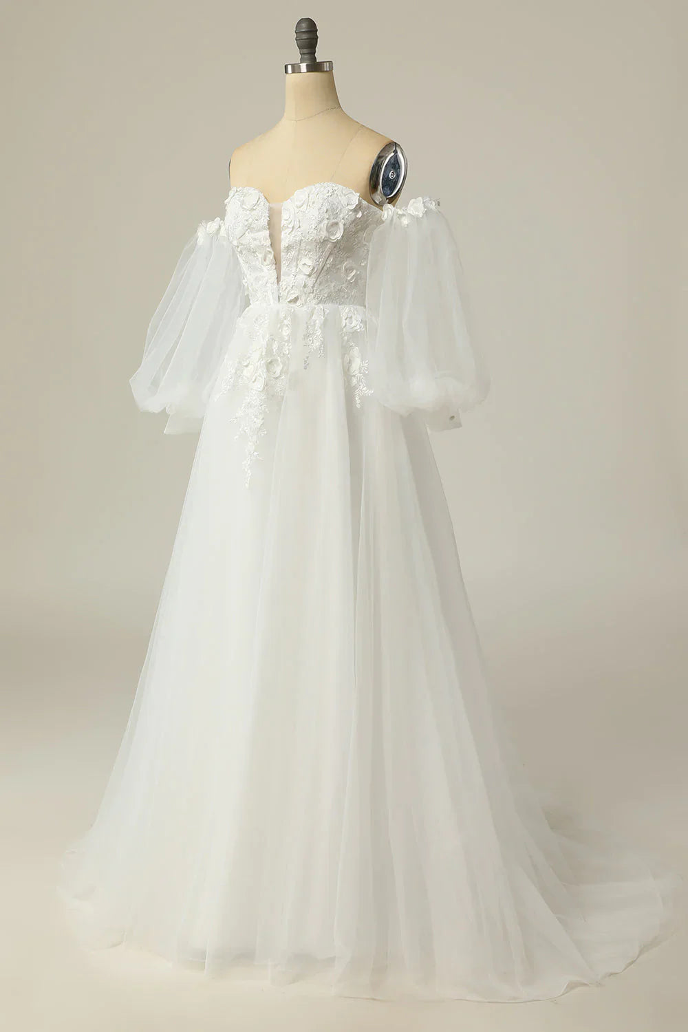 A Line Off the Shoulder Ivory Bridal Dress with Long Sleeves