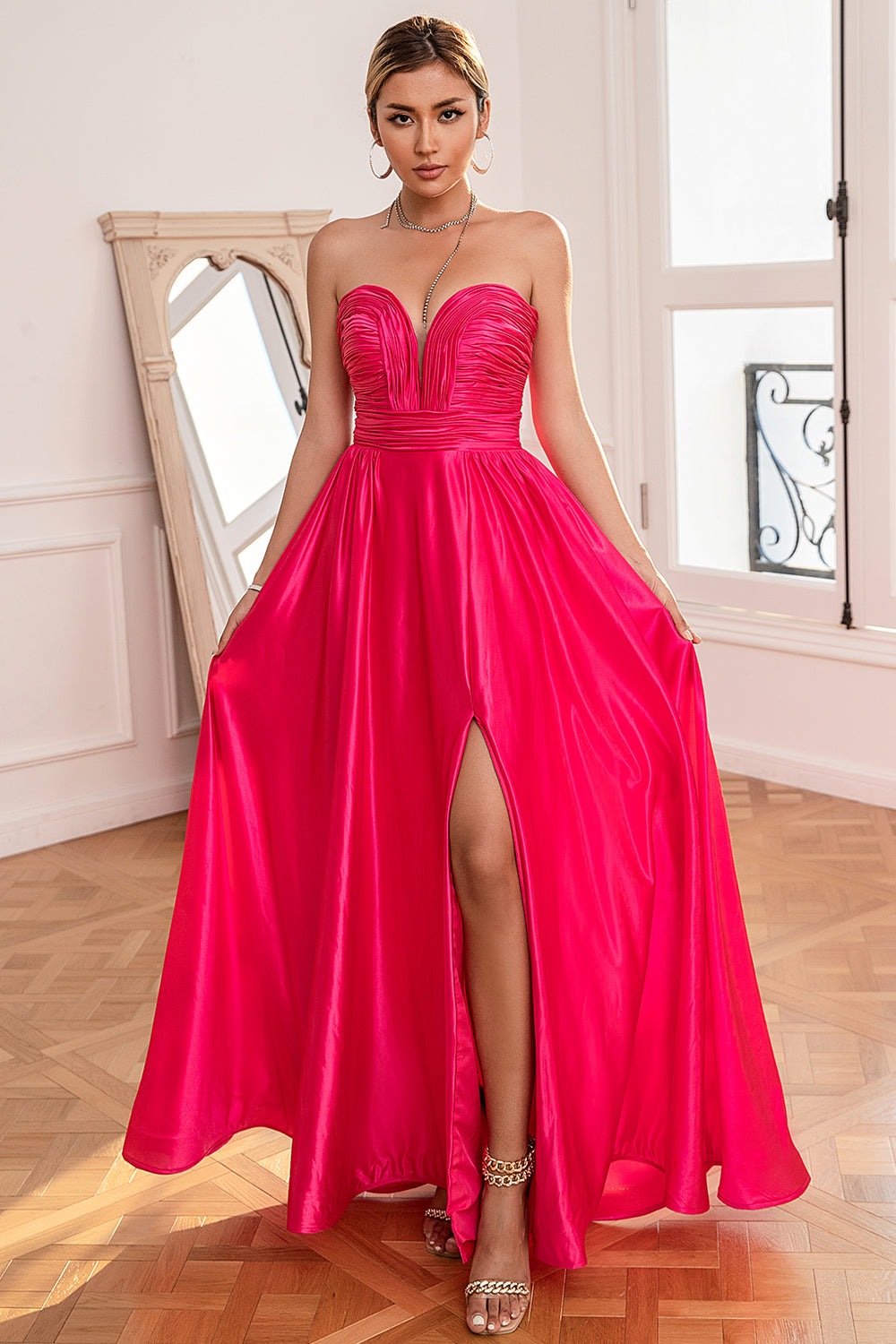 Fuchsia Strapless Prom Dress with Slit