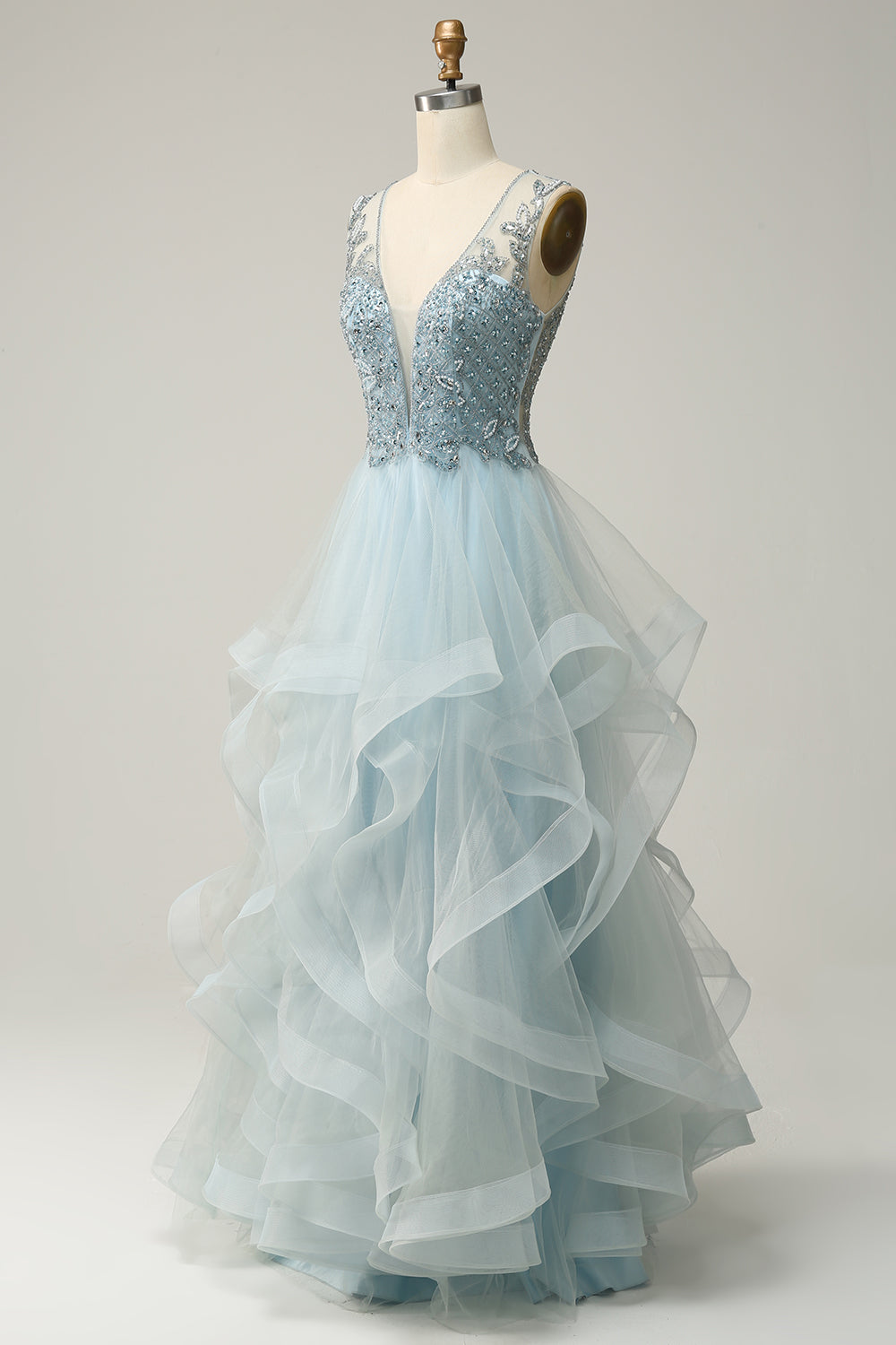 A Line Deep V Neck Light Blue Long Prom Dress with Appliques