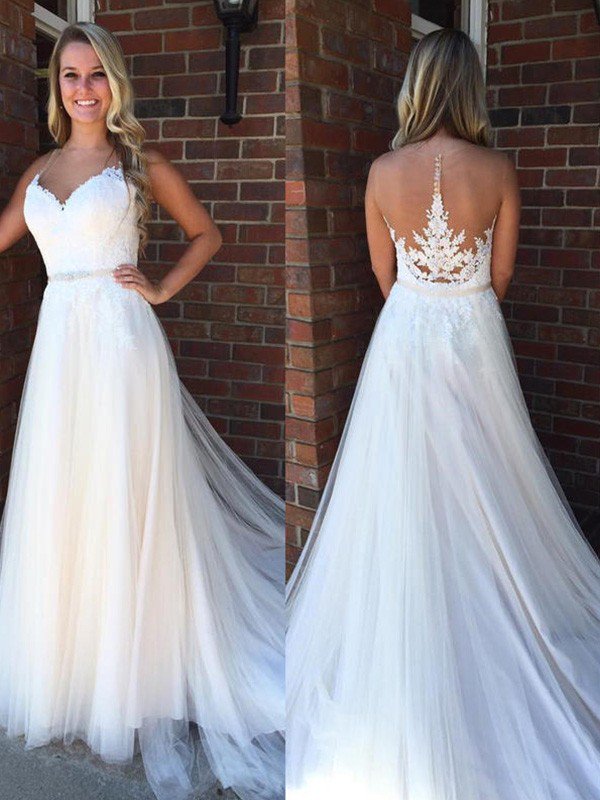 A Line Applique Court Train Sleeveless Tulle Scoop Wedding Dresses