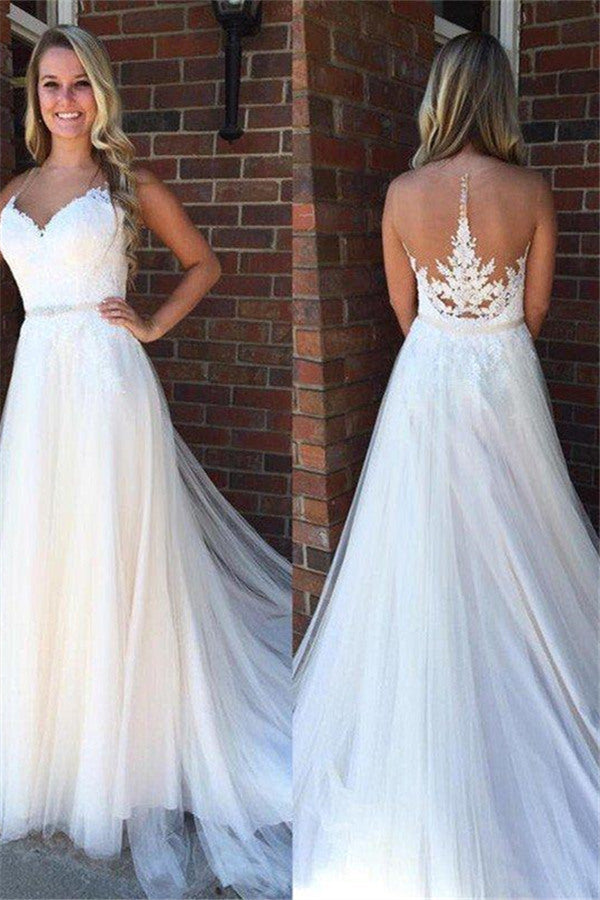 A Line Applique Court Train Sleeveless Tulle Scoop Wedding Dresses