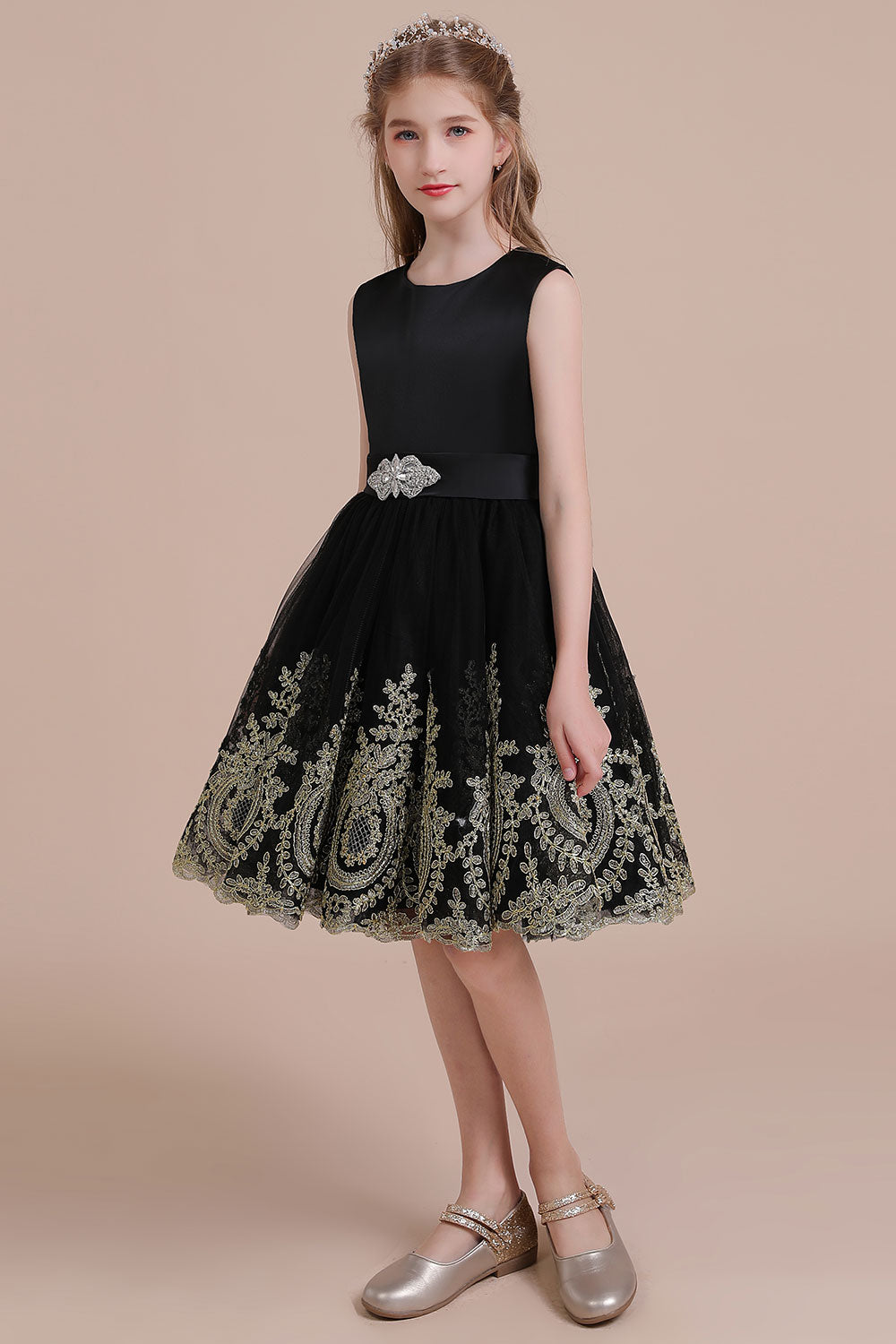 A-Line Appliques Satin Tulle Flower Girl Dress