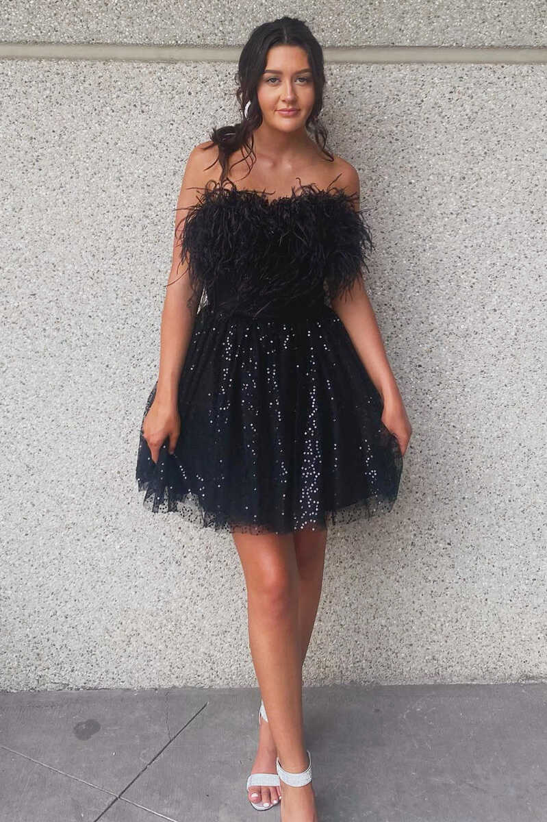 A-Line Black Sequin Feathered Short Party Dress