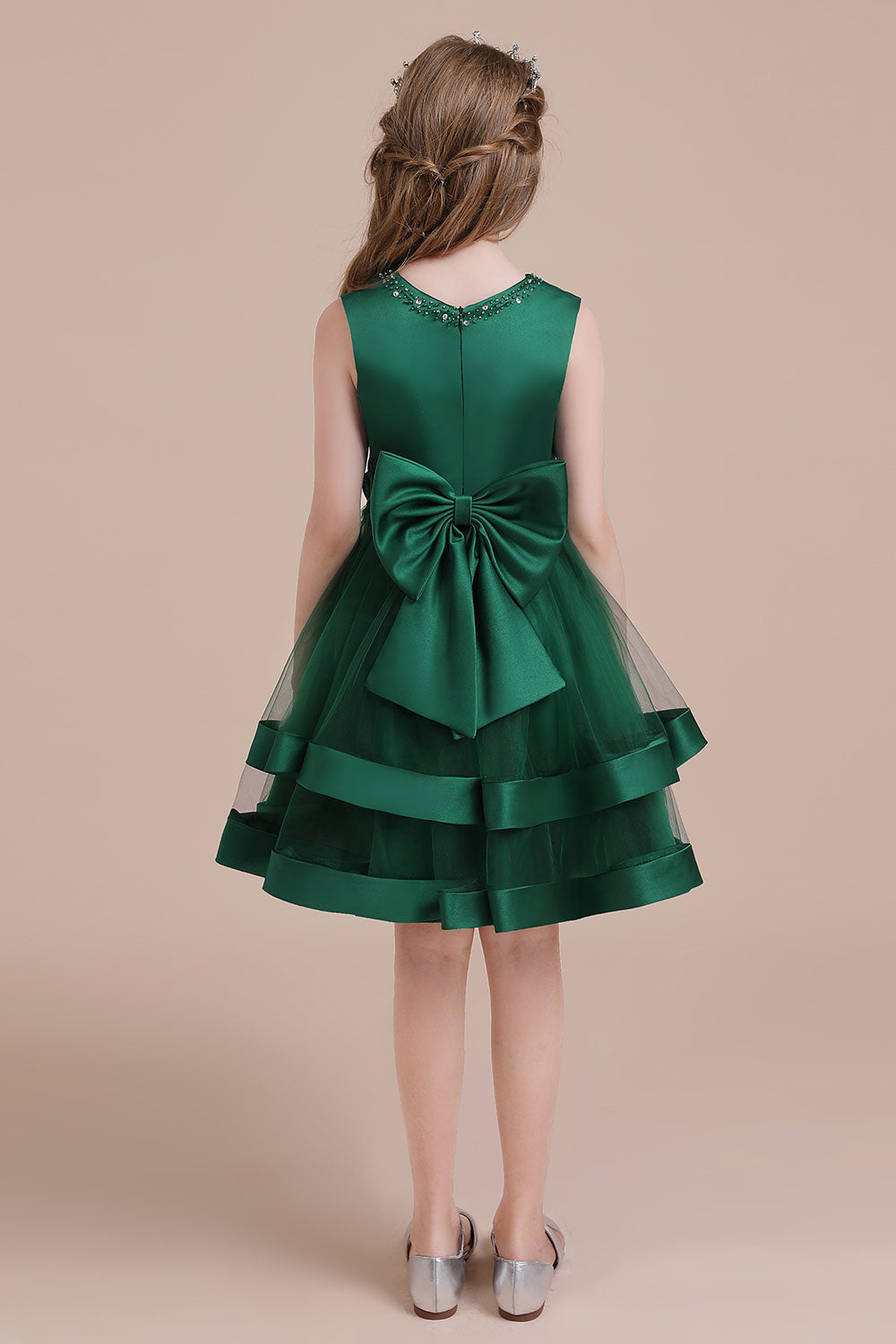 A-Line Bow Satin Layered Tulle Flower Girl Dress