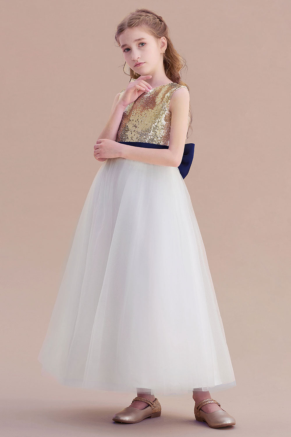 A-Line Bow Sequins Ankle Length Flower Girl Dress - Fashionpara