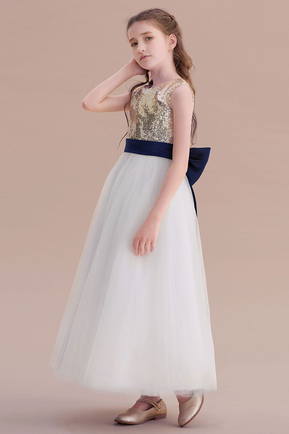 A-Line Bow Sequins Ankle Length Flower Girl Dress - Fashionpara