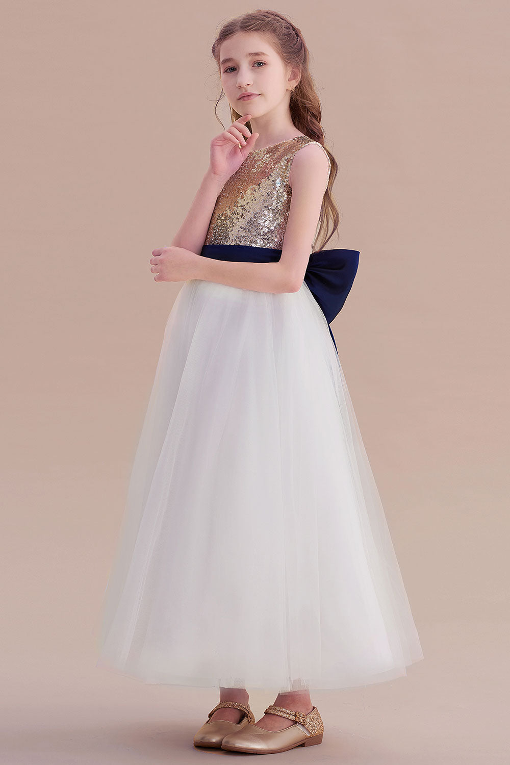 A-Line Bow Sequins Ankle Length Flower Girl Dress - Fashionpara