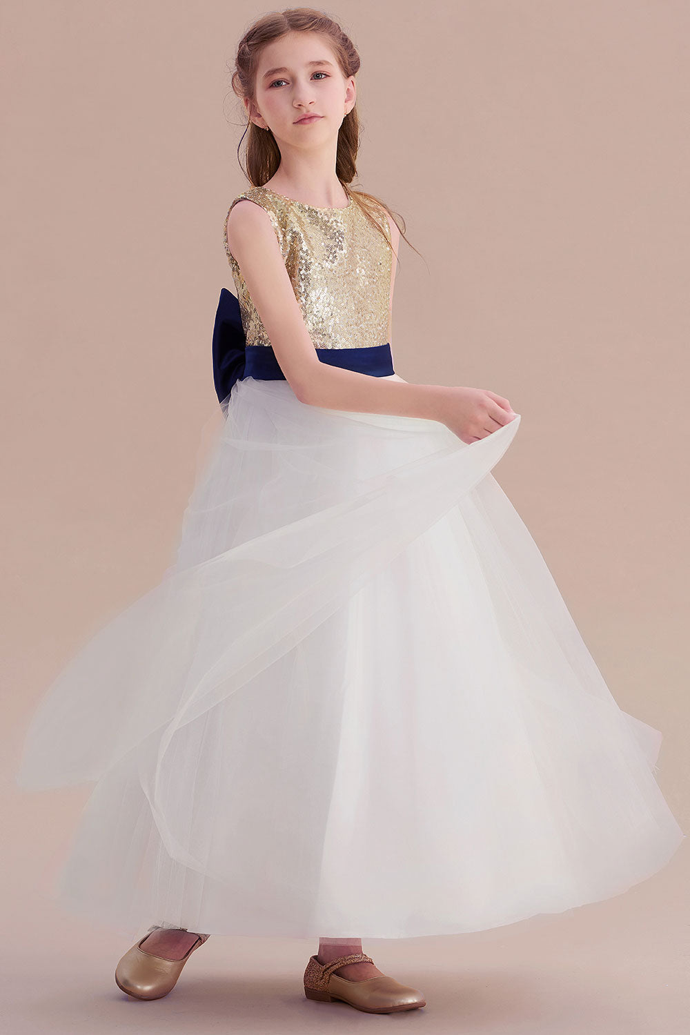 A-Line Bow Sequins Ankle Length Flower Girl Dress - Fashionpara