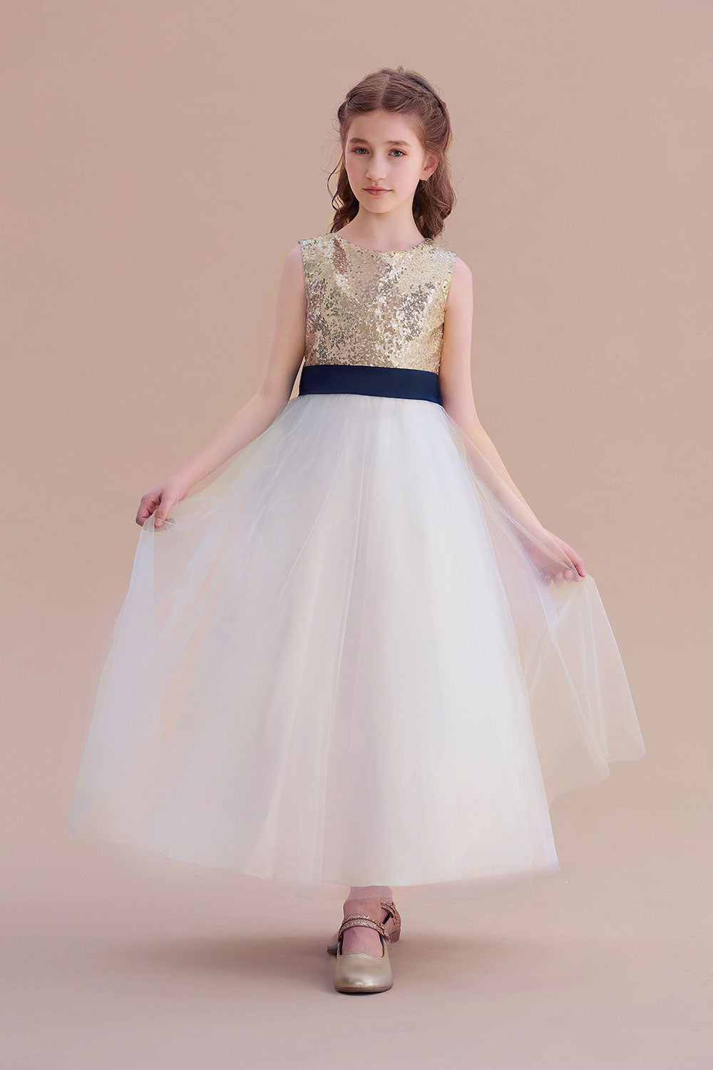 A-Line Bow Sequins Ankle Length Flower Girl Dress - Fashionpara