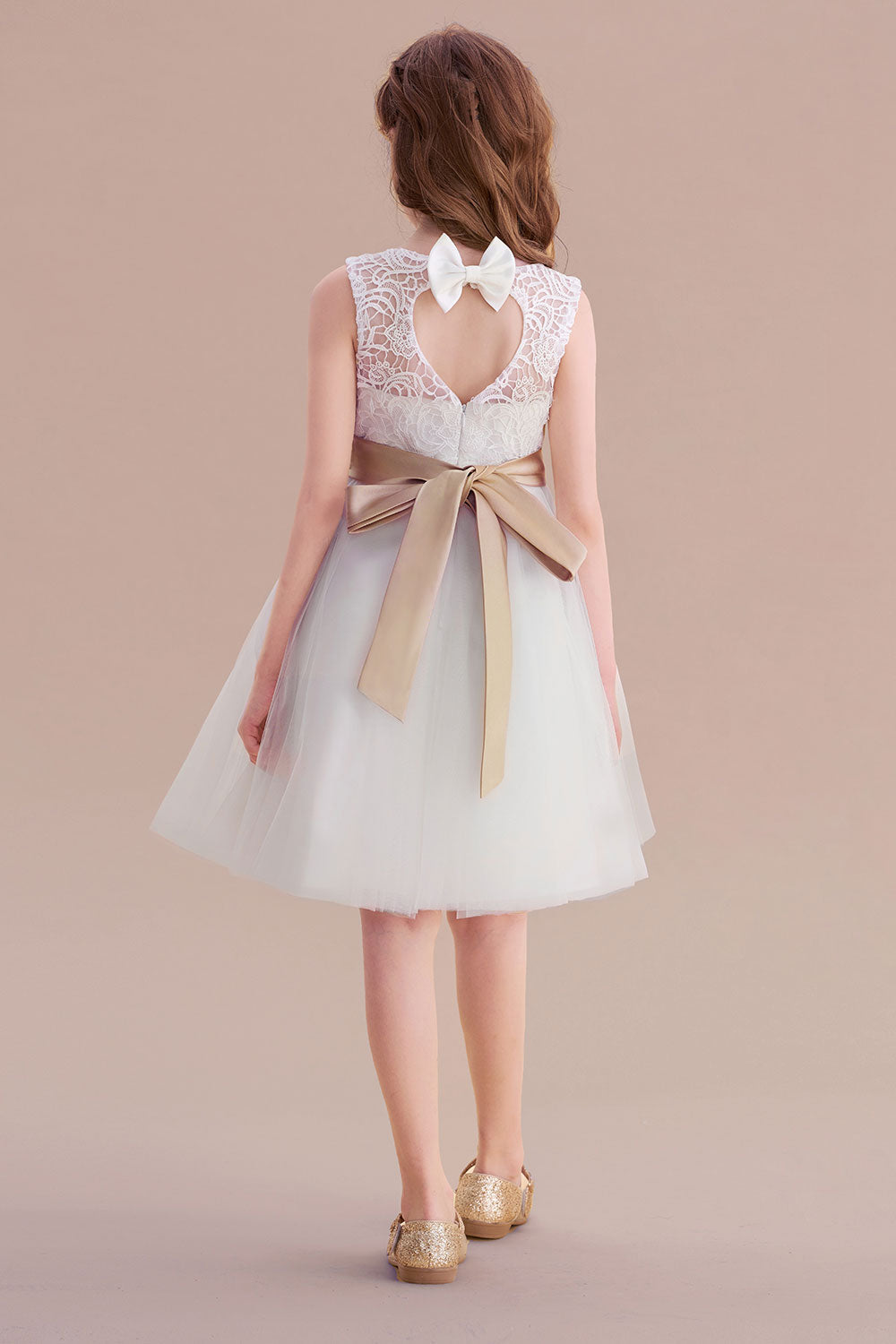 A-Line Bow Tulle Lace Knee Length Flower Girl Dress - Fashionpara