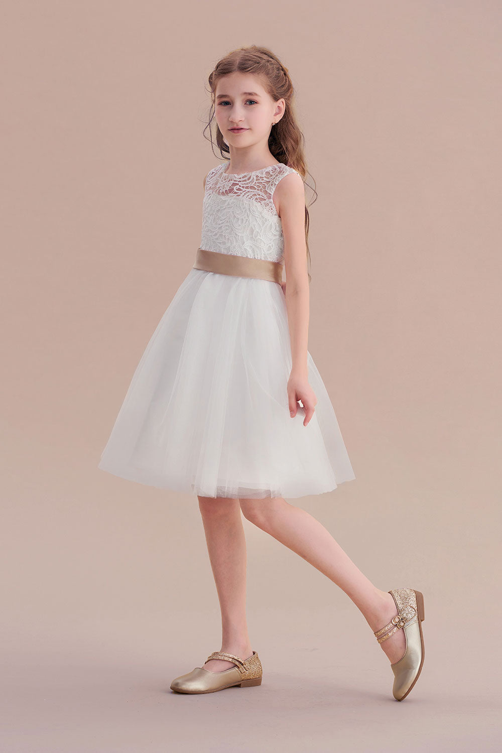 A-Line Bow Tulle Lace Knee Length Flower Girl Dress - Fashionpara