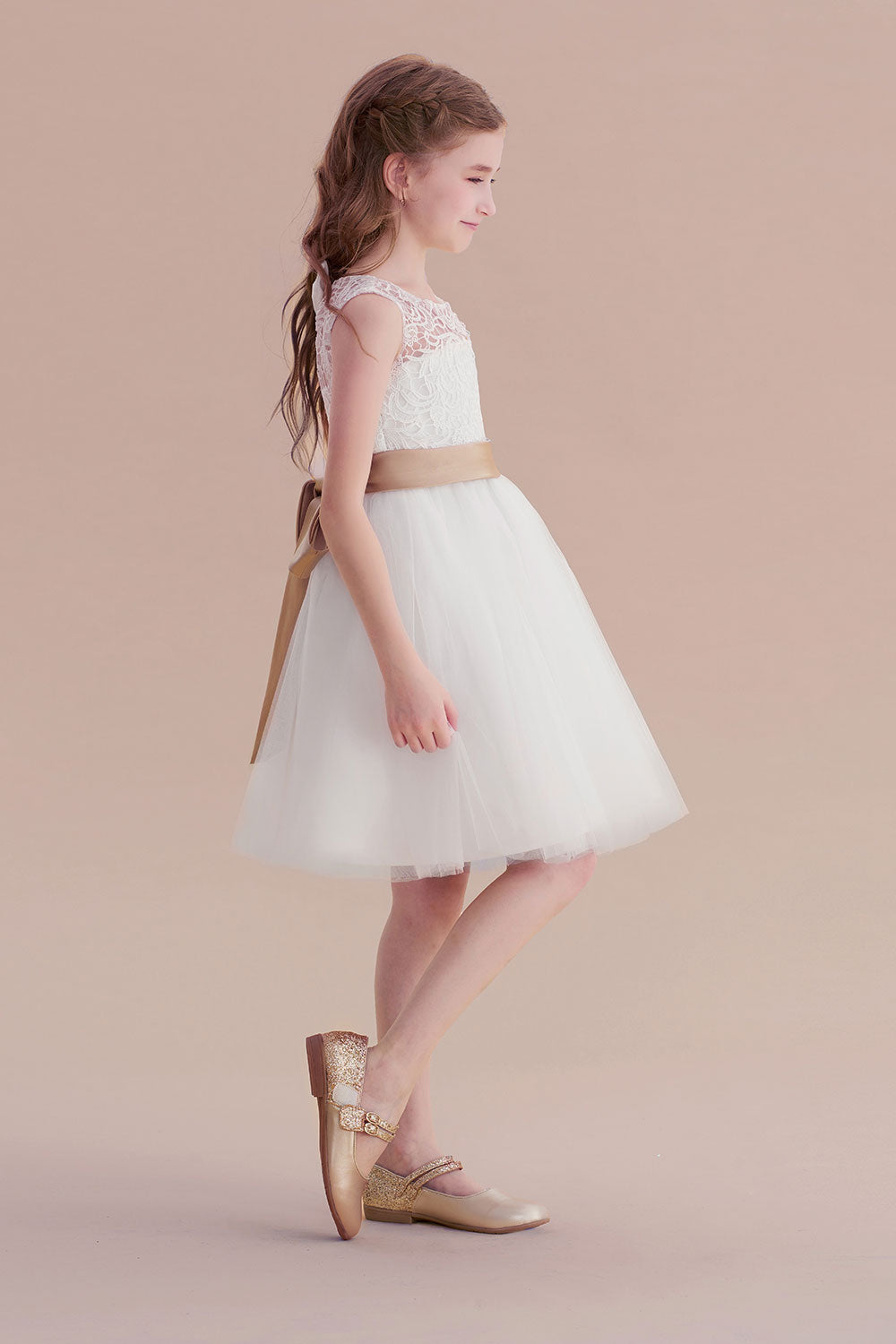 A-Line Bow Tulle Lace Knee Length Flower Girl Dress - Fashionpara