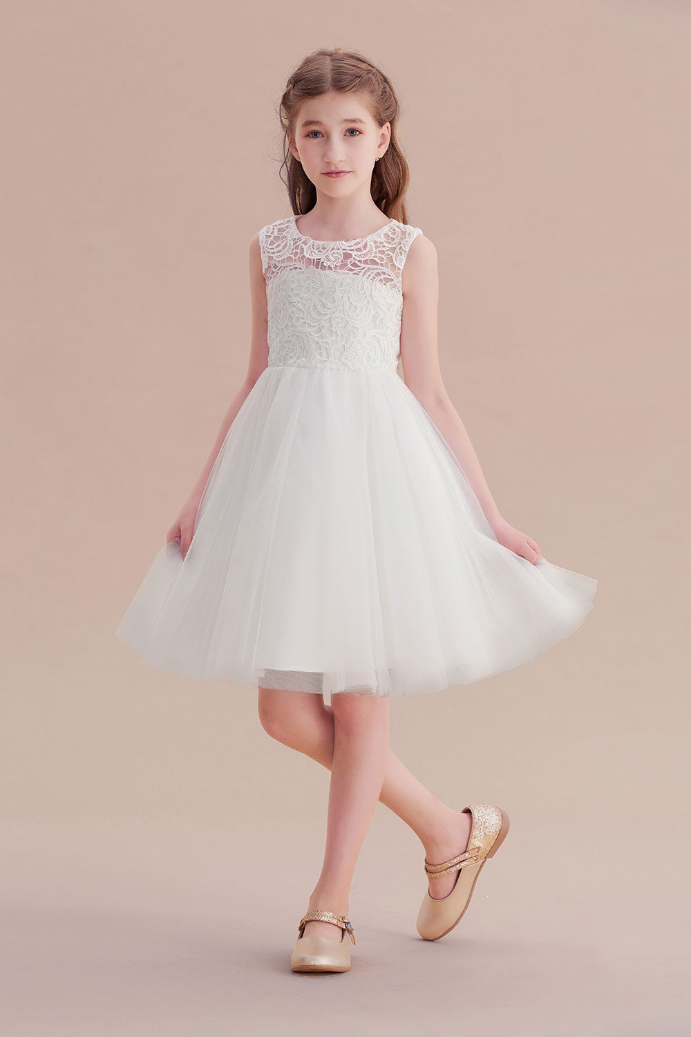 A-Line Bow Tulle Lace Knee Length Flower Girl Dress - Fashionpara