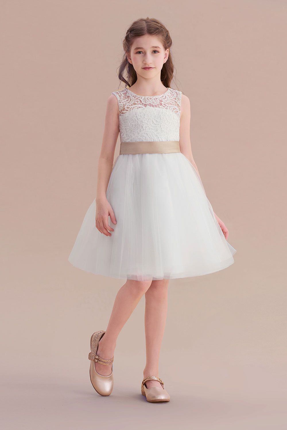 A-Line Bow Tulle Lace Knee Length Flower Girl Dress