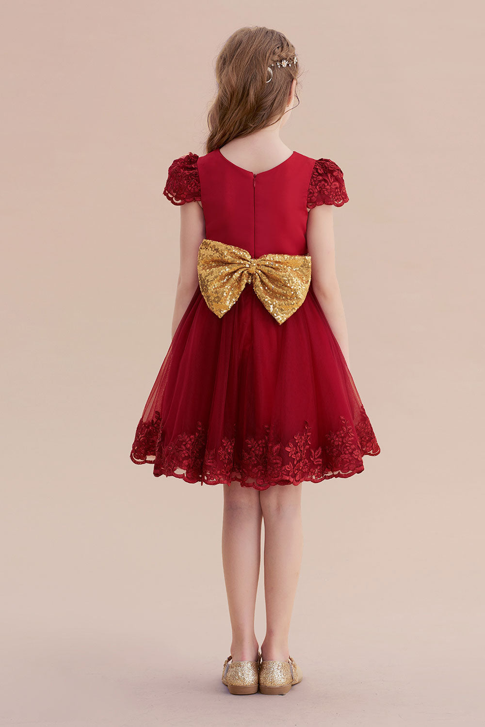 A-Line Cap Sleeve Bow Knee Length Flower Girl Dress