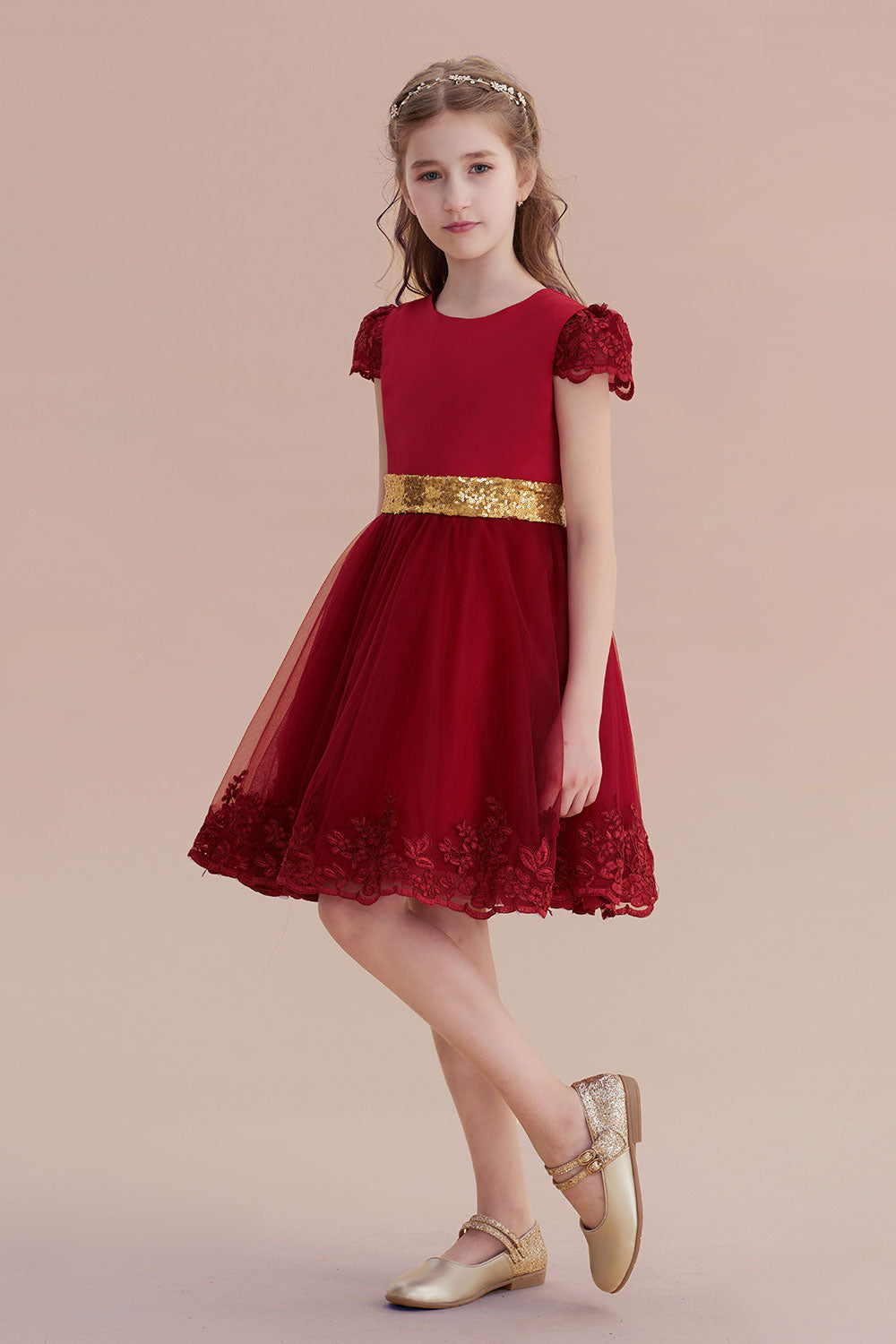 A-Line Cap Sleeve Bow Knee Length Flower Girl Dress - Fashionpara