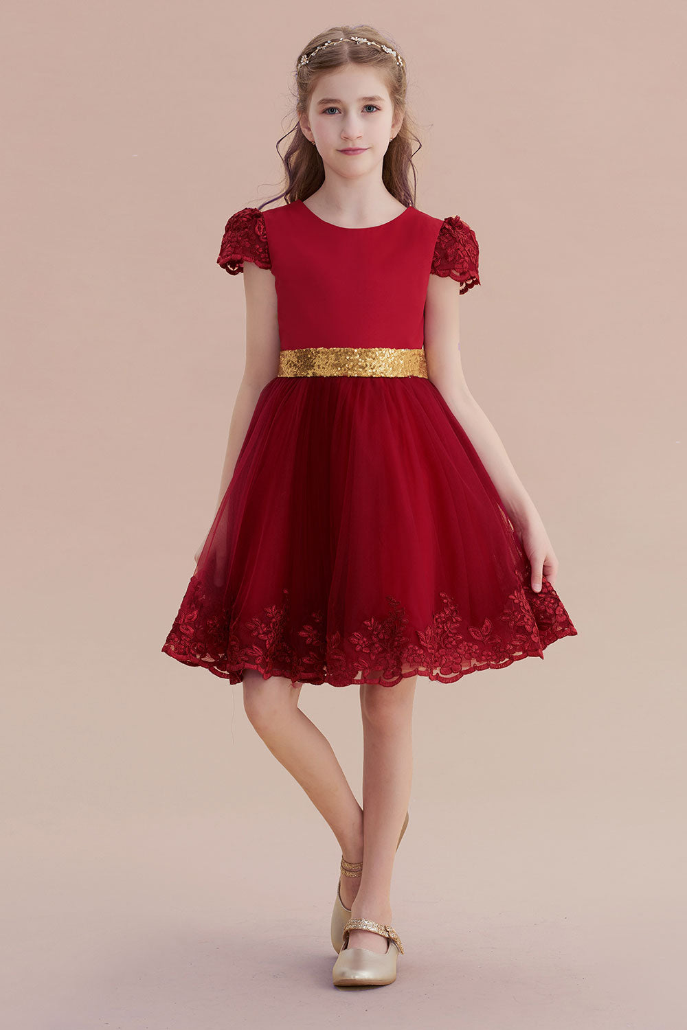 A-Line Cap Sleeve Bow Knee Length Flower Girl Dress - Fashionpara