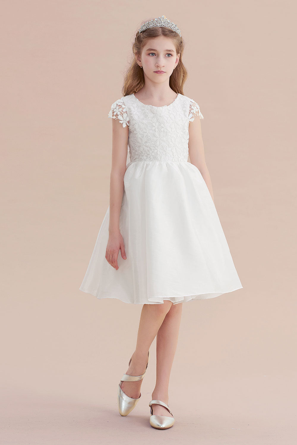 A-Line Cap Sleeve Lace Bow Flower Girl Dress On Sale - Fashionpara