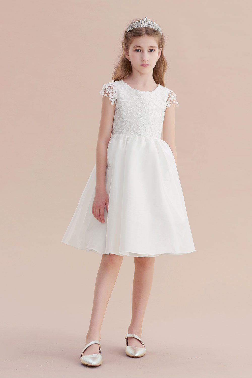 A-Line Cap Sleeve Lace Bow Flower Girl Dress On Sale - Fashionpara