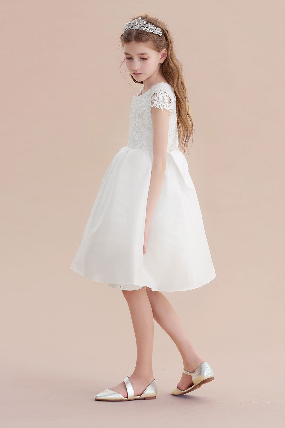 A-Line Cap Sleeve Lace Bow Flower Girl Dress On Sale - Fashionpara