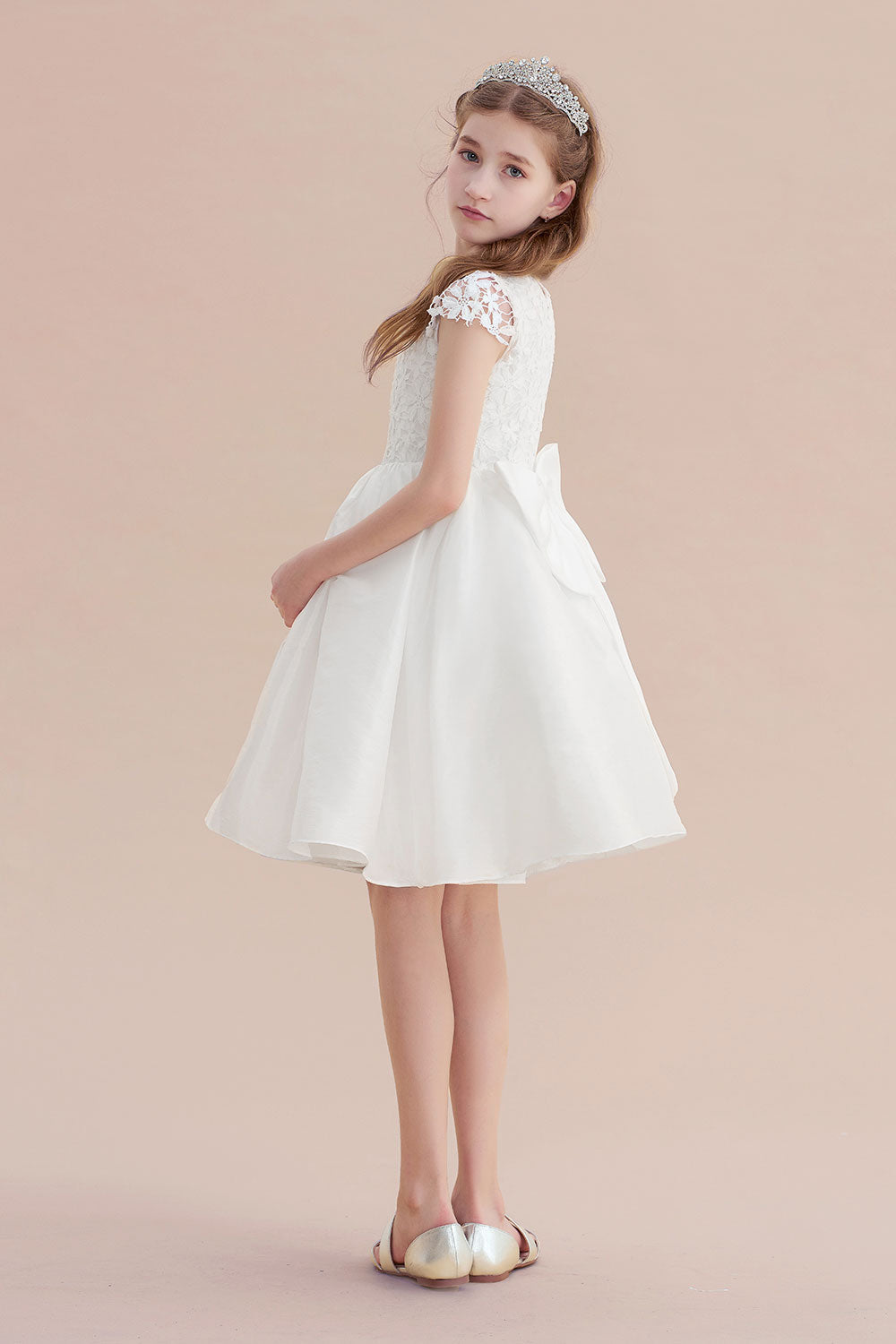 A-Line Cap Sleeve Lace Bow Flower Girl Dress On Sale - Fashionpara