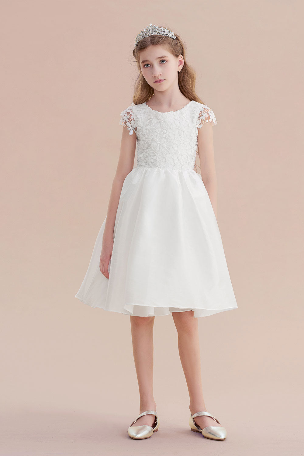 A-Line Cap Sleeve Lace Bow Flower Girl Dress On Sale - Fashionpara