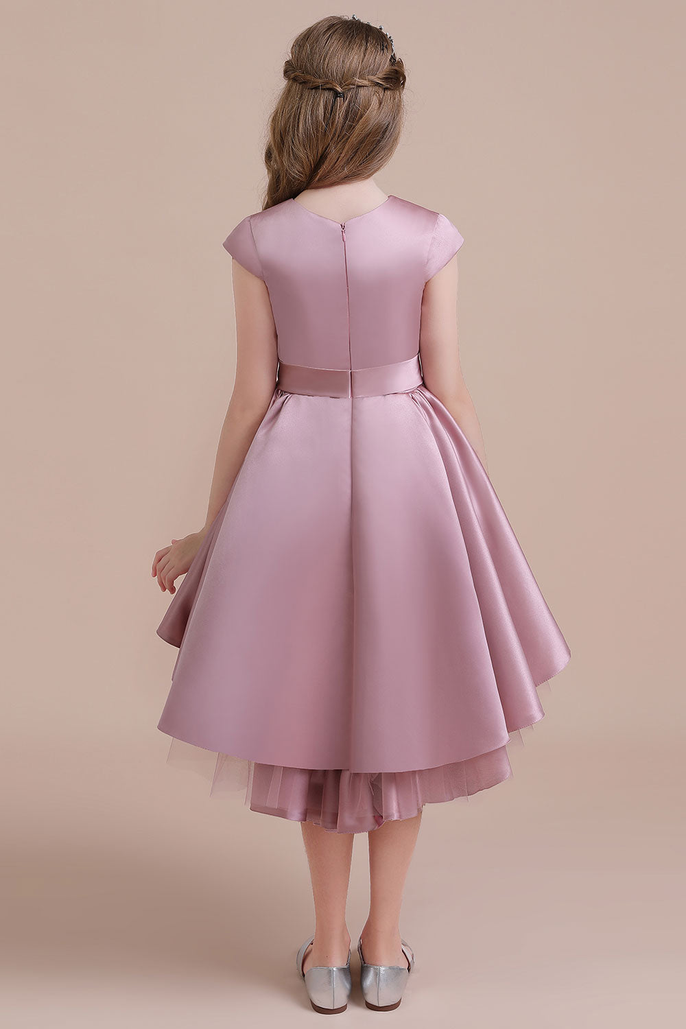 A-Line Cap Sleeve Satin High-low Flower Girl Dress