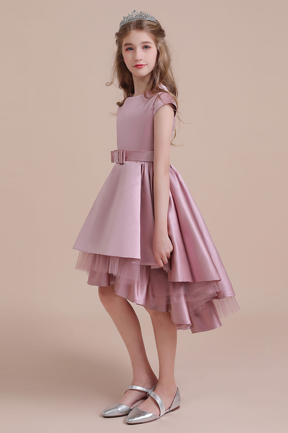 A-Line Cap Sleeve Satin High-low Flower Girl Dress