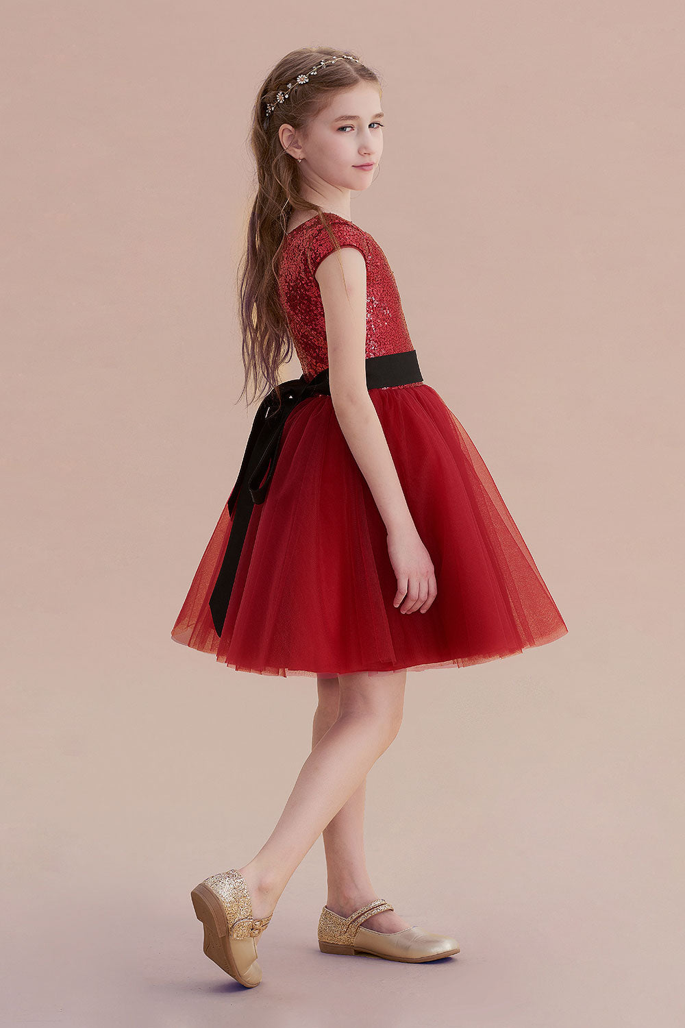 A-Line Cap Sleeve Sequins Tulle Flower Girl Dress On Sale - Fashionpara