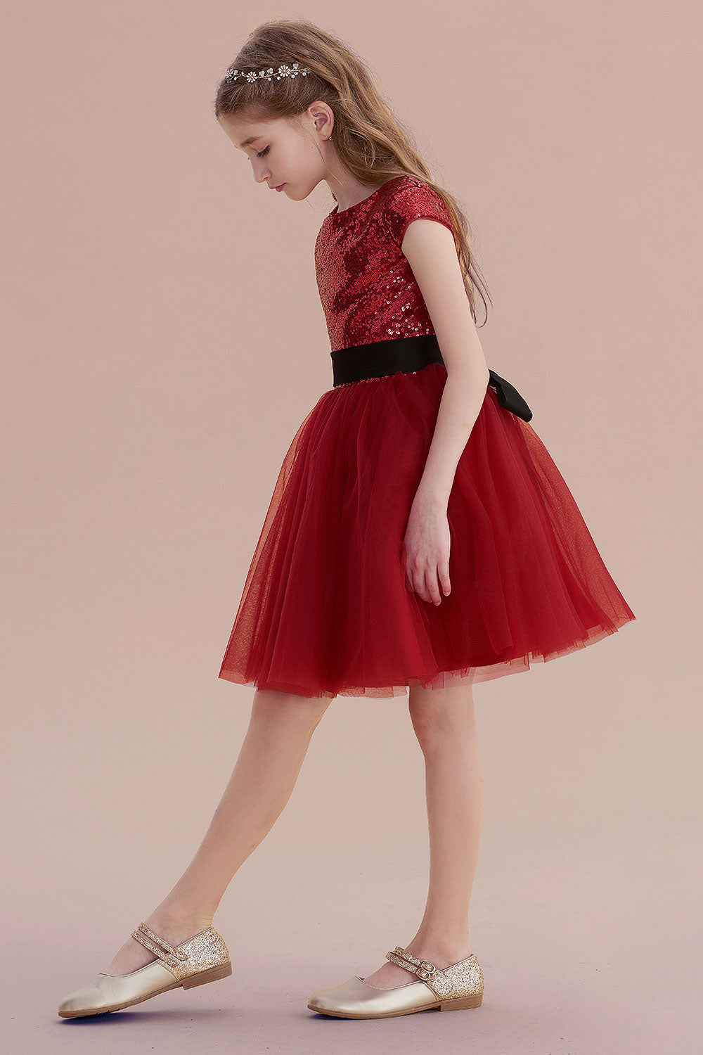 A-Line Cap Sleeve Sequins Tulle Flower Girl Dress On Sale - Fashionpara