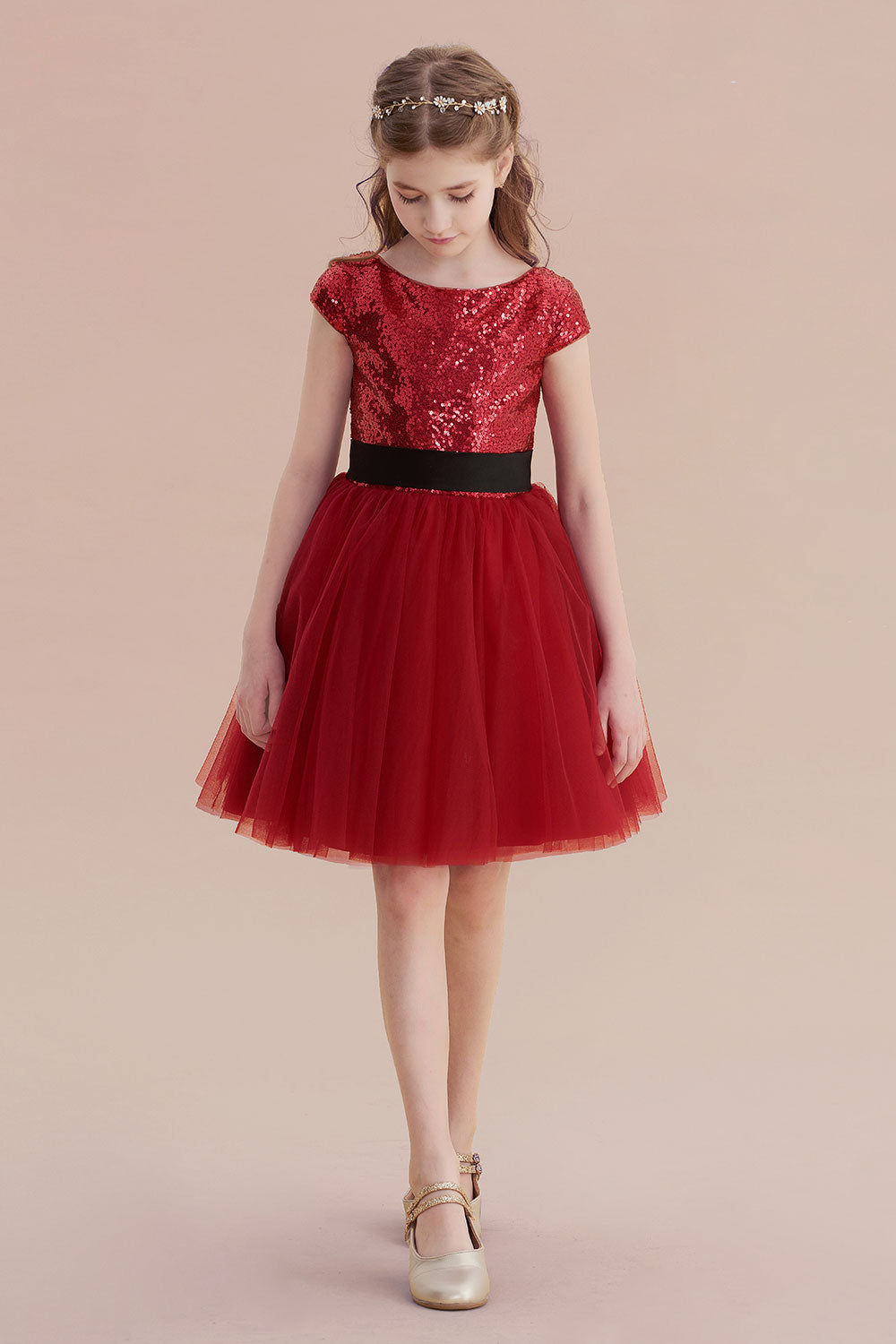 A-Line Cap Sleeve Sequins Tulle Flower Girl Dress On Sale - Fashionpara