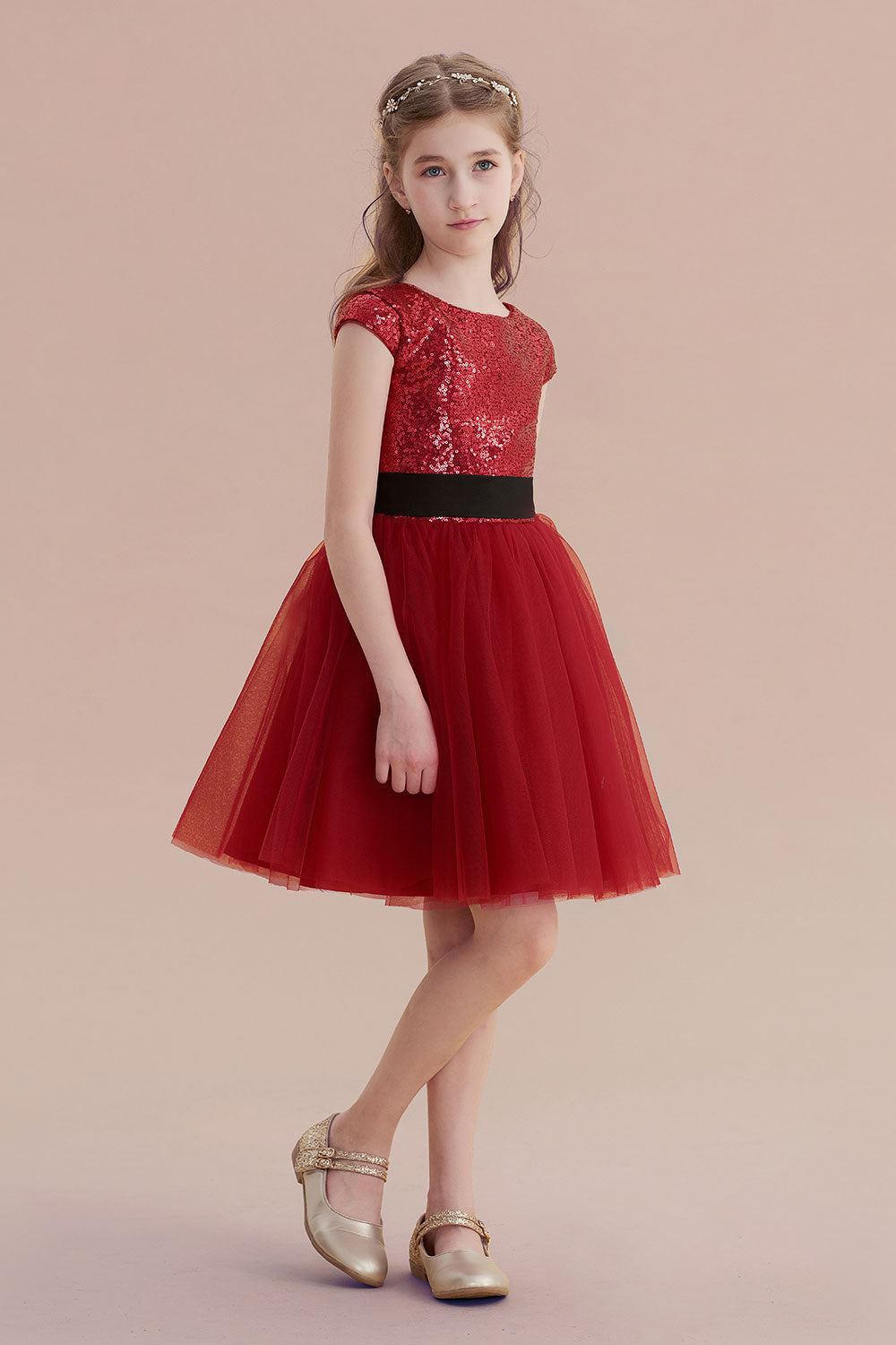 A-Line Cap Sleeve Sequins Tulle Flower Girl Dress On Sale - Fashionpara